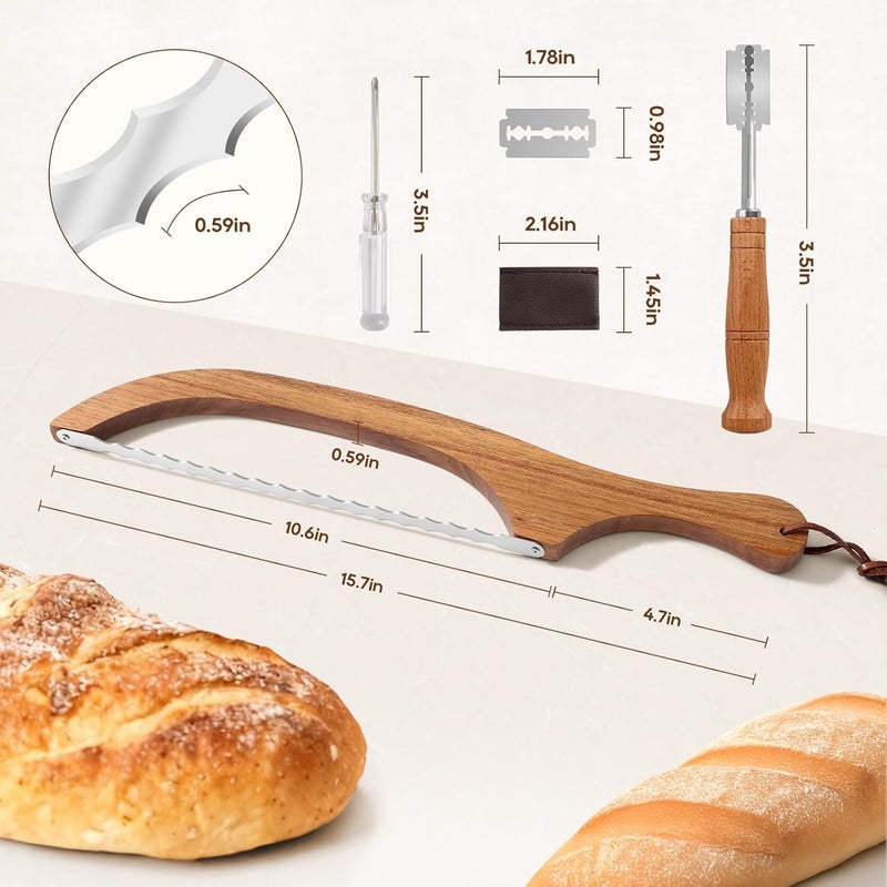 Mooues Sourdough Bread Knife, 15.7" Acacia Wood Double Serrated Bread Slicer, Ergonomic Handler, Premium Stainless Steel Bread Bow Knife for Homemade Bread, Bagels, and Baguettes - Image 4